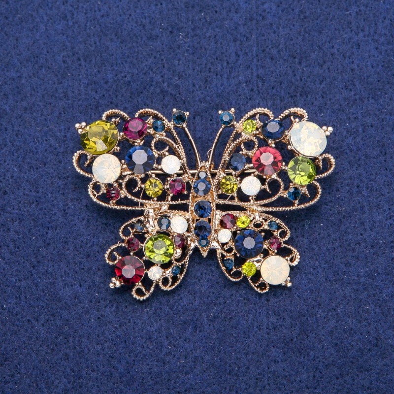 Sale! Butterfly Brooch with Crystals 39x54mm, Gold-Tone Metal