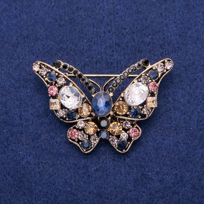 Sale! Butterfly Brooch with Crystals 40x57mm, Gold-Tone Metal