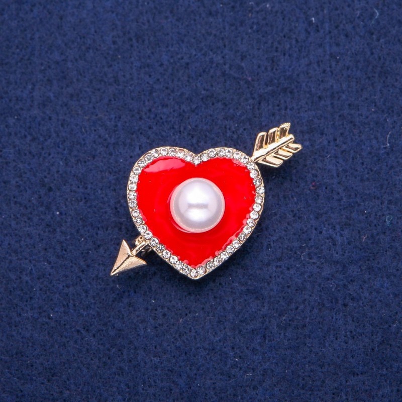 Sale! Heart Brooch with Red Enamel, White Rhinestones, and Bead 25x42mm, Gold-Tone Metal