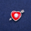 Sale! Heart Brooch with Red Enamel, White Rhinestones, and Bead 25x42mm, Silver-Tone Metal