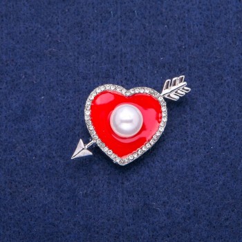 Sale! Heart Brooch with Red Enamel, White Rhinestones, and Bead 25x42mm, Silver-Tone Metal