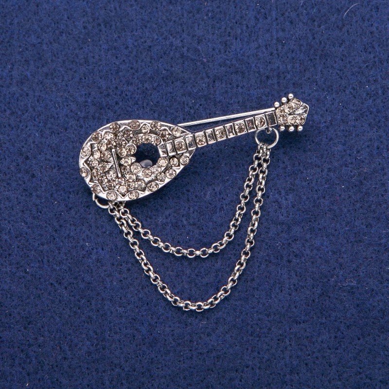 Lute Brooch with Gray Rhinestones 17x50mm, Silver-Tone Metal
