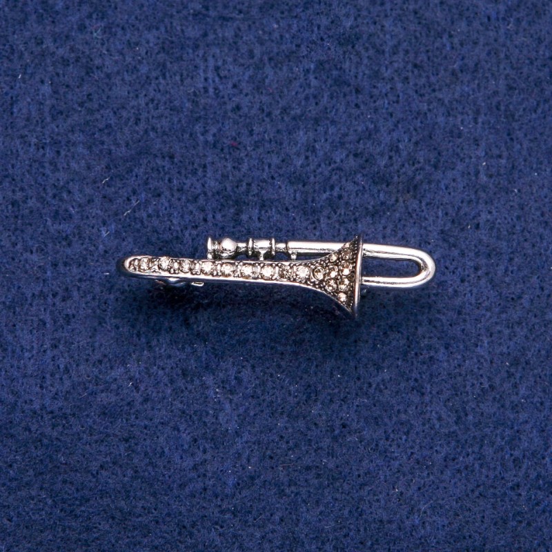 Trumpet Brooch with Gray Rhinestones 15x41mm, Silver-Tone Metal