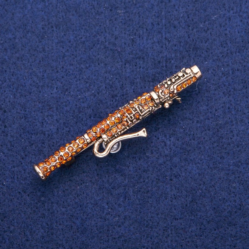 Bassoon Brooch with Yellow Rhinestones 12x62mm, Gold-Tone Metal