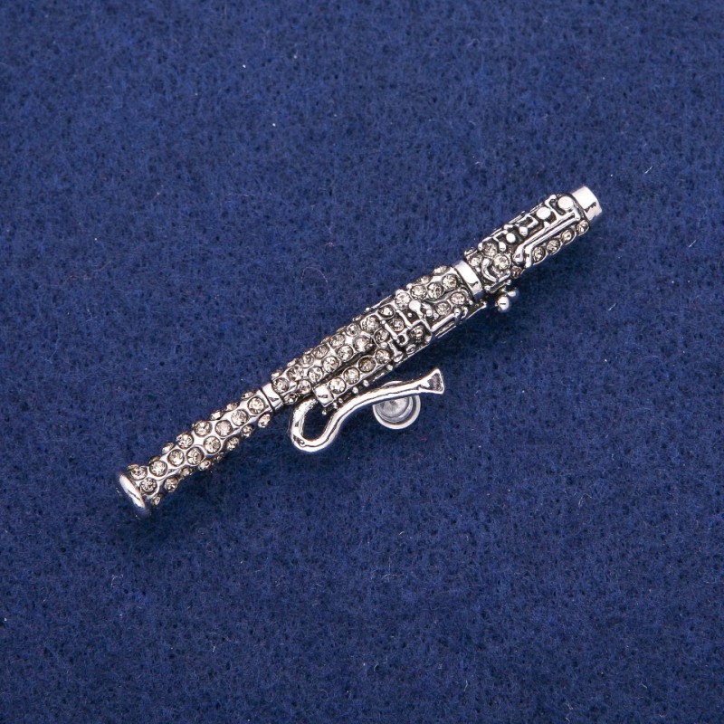 Bassoon Brooch with Gray Rhinestones 12x62mm, Silver-Tone Metal