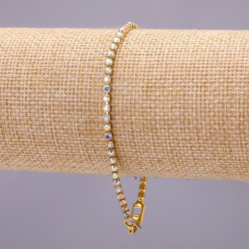 Single-Row Rhinestone Bracelet with Clasp, "Gold" Metal Color, Length 20cm, Width 3mm