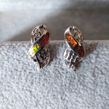 Openwork Stud Earrings, Imitation Opal Insert, Silver Color/20×10mm