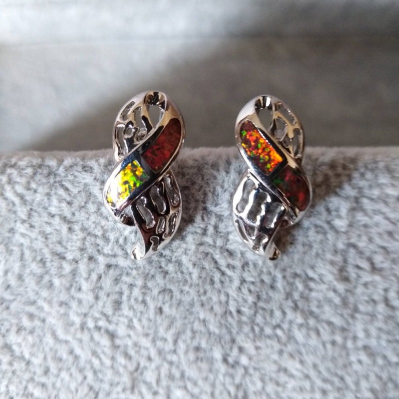 Openwork Stud Earrings, Imitation Opal Insert, Silver Color/20×10mm