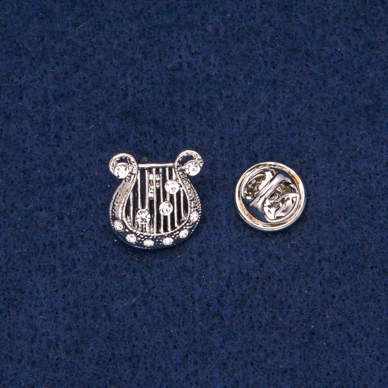 Lyre Brooch with White Rhinestones, silver-tone metal 17x15mm +