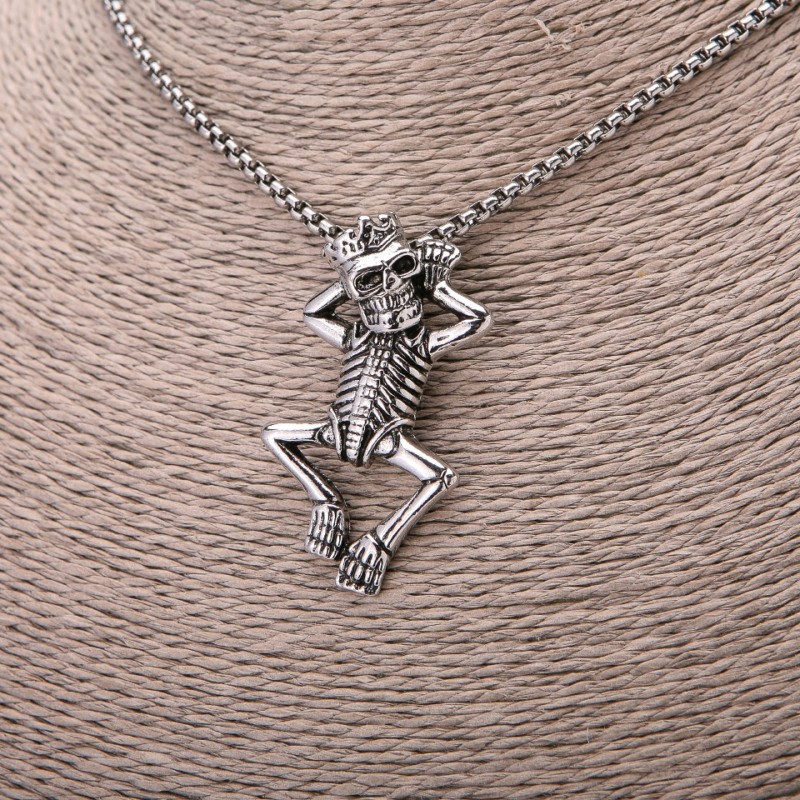 Skeleton in a Crown Pendant, 27×49mm, on Chain, 65cm Length, Silver Color Metal