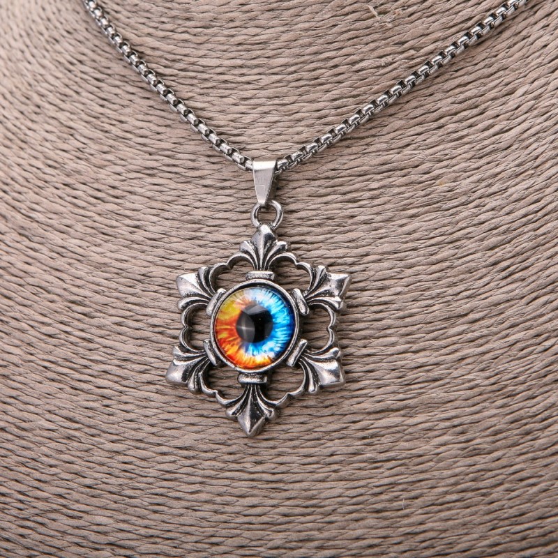 Colorful Dragon Eye Pendant, 35×53mm, on Chain, 65cm Length, Silver Color Metal