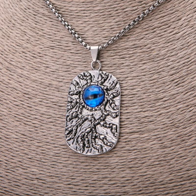 Dragon Eye Pendant, Blue, 30×58mm, on Chain, 65cm Length, Silver Color Metal