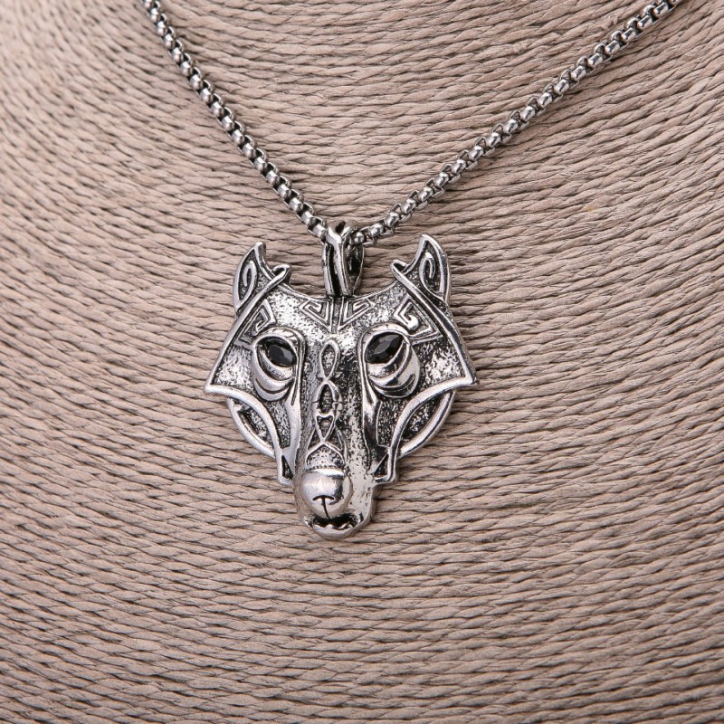 Wolf Head Pendant, 42×47mm, on Chain, 65cm Length, Silver Color Metal