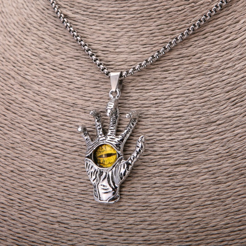 Skeleton Hand Pendant with Yellow Eye, 30×55mm, on Chain, 65cm Length, Silver Color Metal