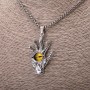 Skeleton Hand Pendant with Yellow Eye, 30×55mm, on Chain, 65cm Length, Silver Color Metal