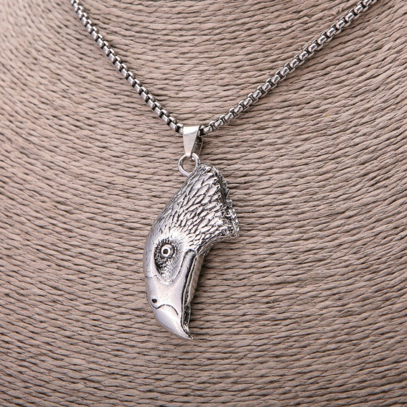 Eagle Head Pendant, 25×54mm, on Chain, 65cm Length, Silver Color Metal