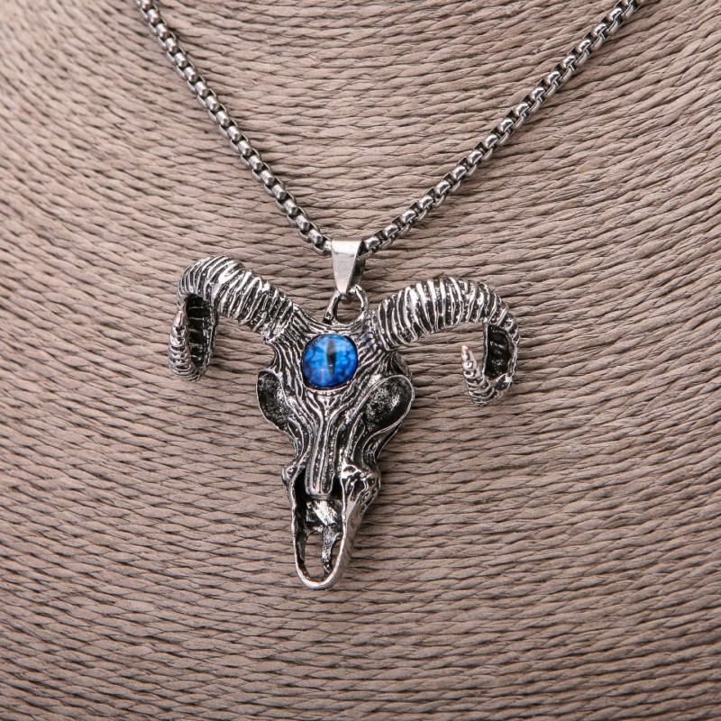 Goat Skull Amulet Pendant with Blue Eye, 44×51mm, on Chain, 65cm Length, Silver Color Metal