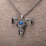 Goat Skull Amulet Pendant with Blue Eye, 44×51mm, on Chain, 65cm Length, Silver Color Metal