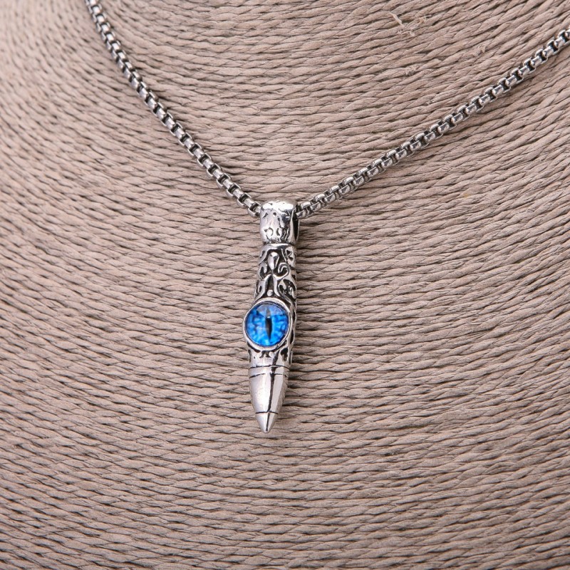 Dragon's Blue Eye Ball Pendant 20x50mm on Chain, 65cm Length, Silver-Tone Metal