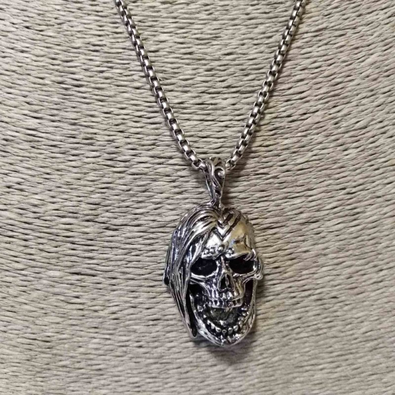Skull Pendant 35x25mm on Chain, Length 65cm, Silver-Tone Metal