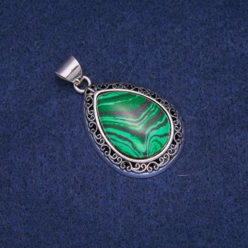 Teardrop Pendant Malachite (Pressed) in Antique-Style Setting, 27x39mm