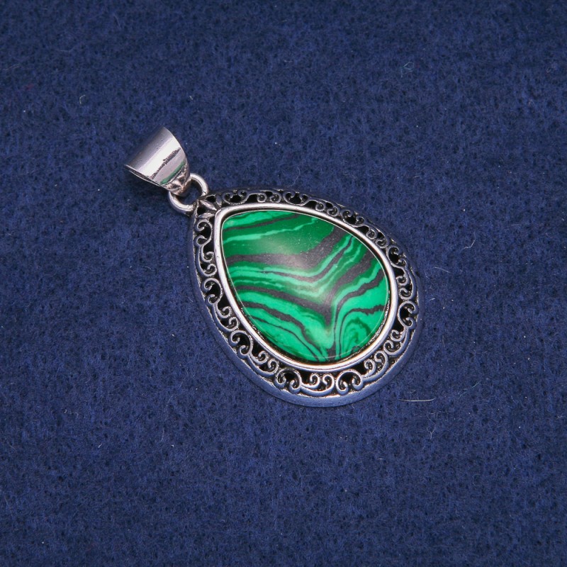Teardrop Pendant Malachite (Pressed) in Antique-Style Setting, 27x39mm