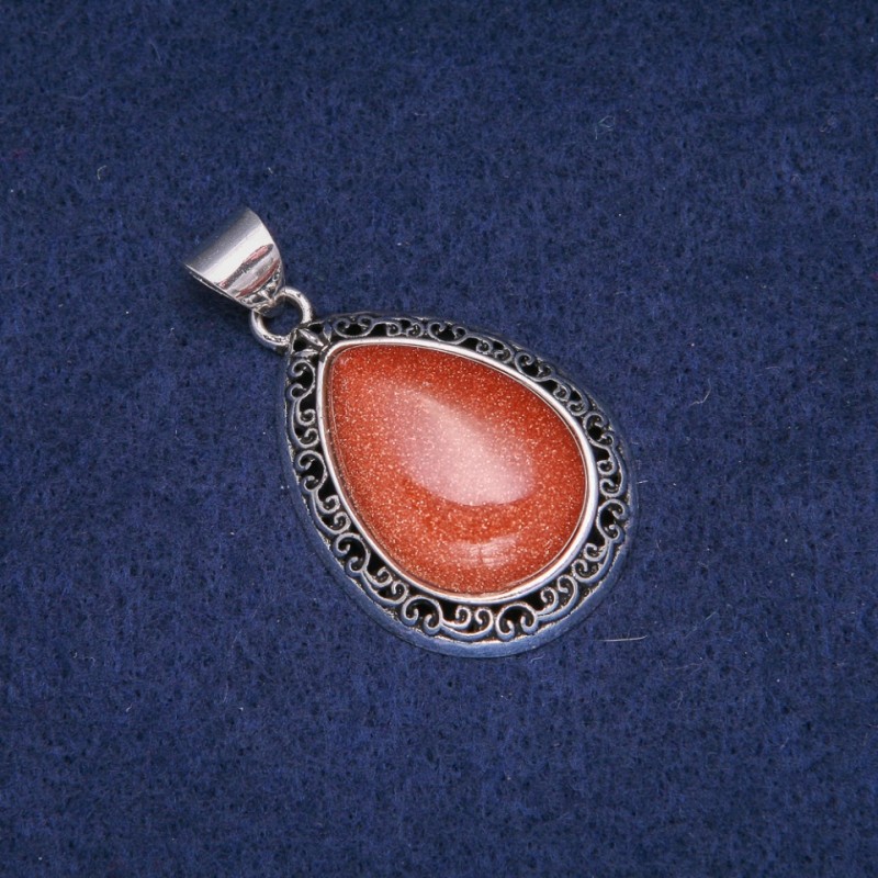 Teardrop Pendant with Golden Sand Aventurine Stone in Antique-Style Setting, 27x39mm