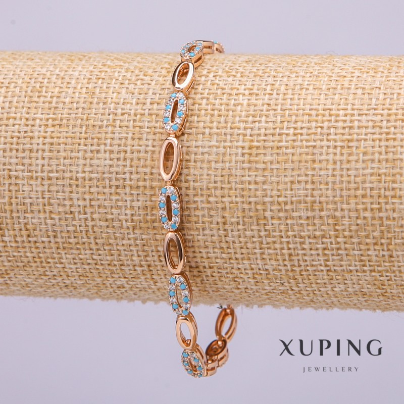 Xuping Bracelet with White and Light Blue Stones, 4mm Thick, 19cm Length, Gold-Plated