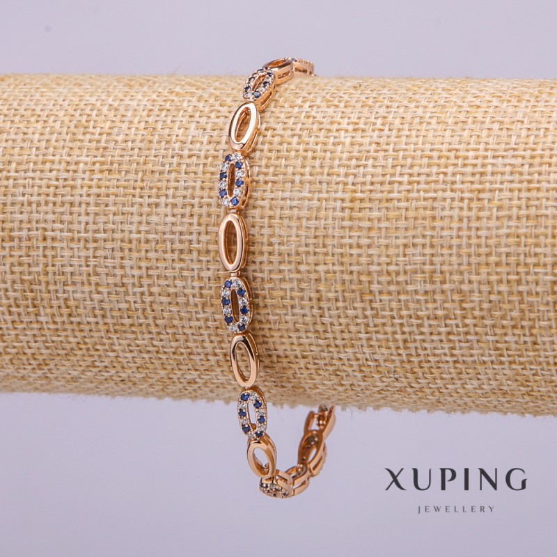 Xuping Bracelet with White and Blue Stones, 4mm Thick, 19cm Length, Gold-Plated