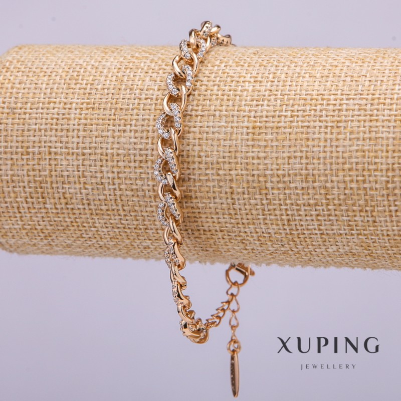Xuping Bracelet with White Stones, 9mm Thick, 18-20cm Length, Gold-Plated with Extension Chain