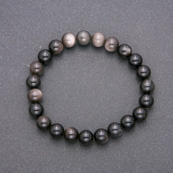 Natural Silver Obsidian Stone Bracelet on Elastic Band, Smooth Bead, Diameter 8(+/-)mm, Length 18cm