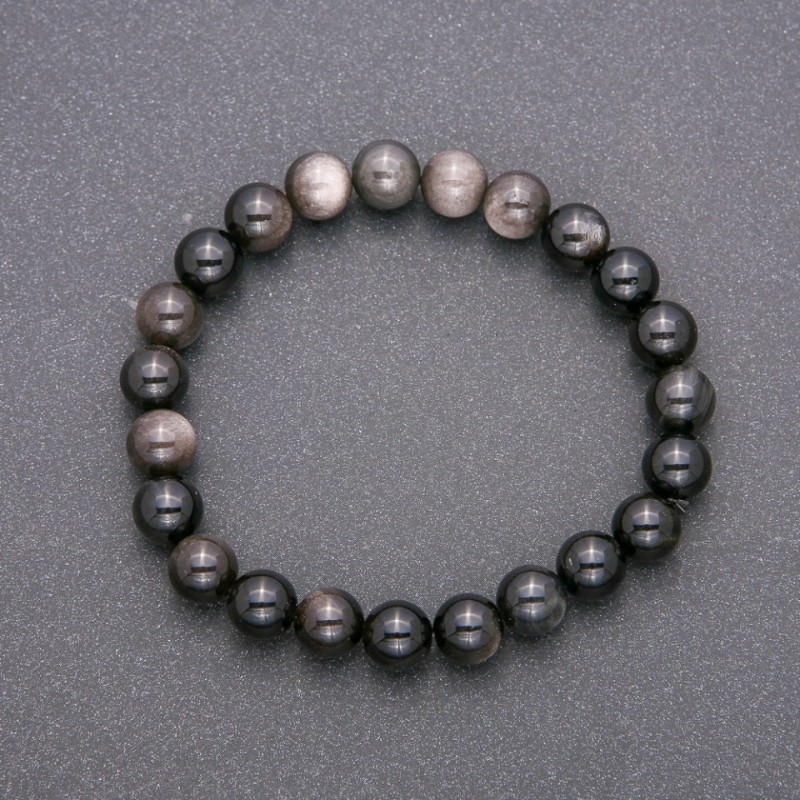 Natural Silver Obsidian Stone Bracelet on Elastic Band, Smooth Bead, Diameter 8(+/-)mm, Length 18cm