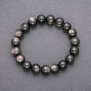Natural Silver Obsidian Stone Bracelet on Elastic Band, Smooth Bead, Diameter 10(+/-)mm, Length 18cm