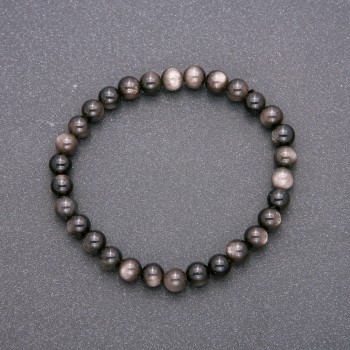 Natural Silver Obsidian Stone Bracelet on Elastic Band, Smooth Bead, Diameter 6(+/-)mm, Length 18cm