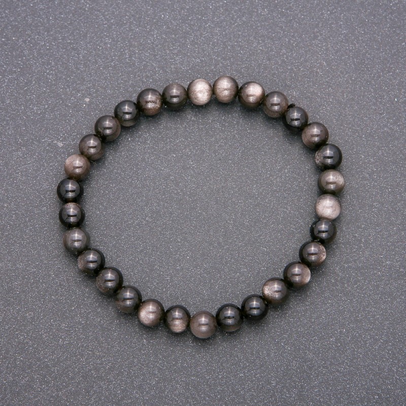 Natural Silver Obsidian Stone Bracelet on Elastic Band, Smooth Bead, Diameter 6(+/-)mm, Length 18cm
