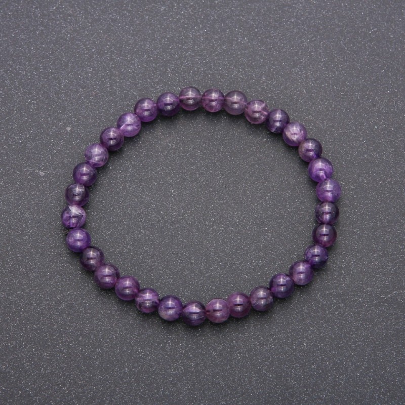 Natural Amethyst Stone Bracelet on Elastic Band, Smooth Round Beads, Diameter 6(+-)mm, Circumference 18cm