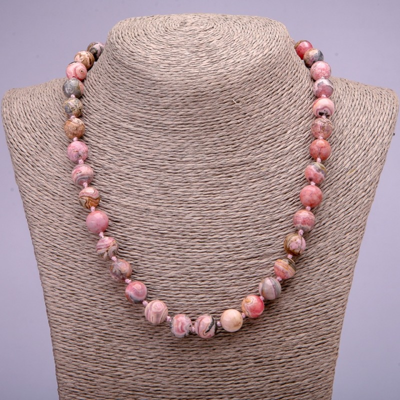 Natural Rhodochrosite Stone Necklace, Smooth Round Beads, Diameter 10(+-)mm, Length 45cm