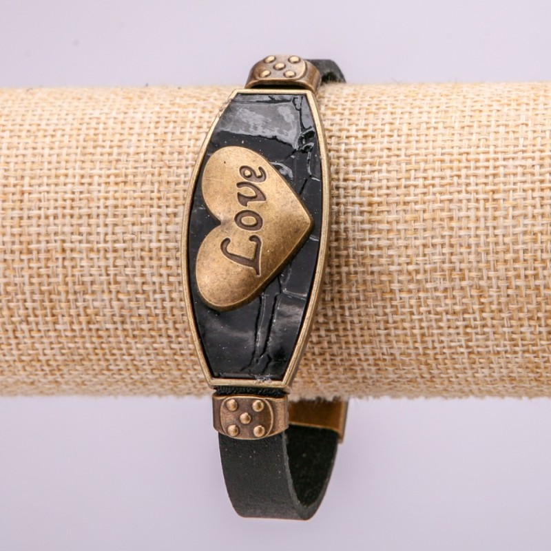 LOVE Bracelet with Metal Inserts, Length 16-21cm, Black Eco-Leather, Clasp Closure