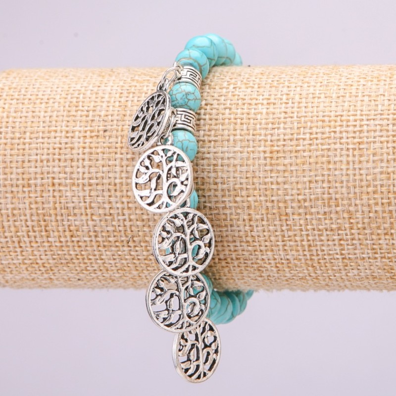 Turquoise Bracelet on Elastic Band, Diameter 8(+-)mm, Length 18cm with Inserts and Pendants