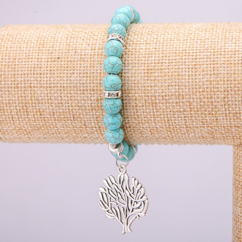 Turquoise Bracelet on Elastic Band, Diameter 8(+-)mm, Length 18cm with Inserts and Tree Pendant