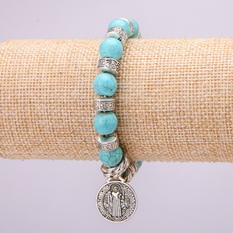 Turquoise Bracelet on Elastic Band, Diameter 10(+-)mm, Length 18cm with Inserts and Icon Pendant