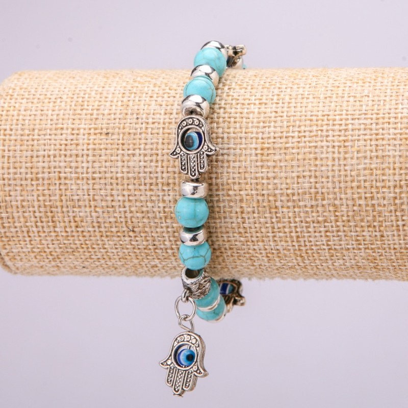 Turquoise Amulet Bracelet with Blue Evil Eyes on Elastic Band, Diameter 12(+-)mm, Length 18cm with Inserts and Charm
