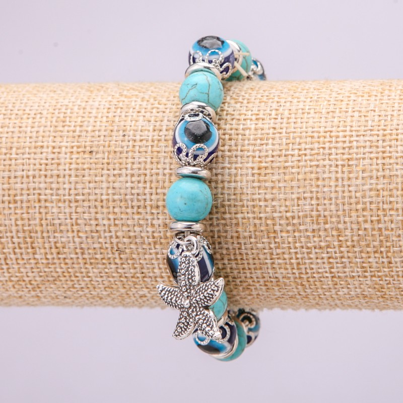 Turquoise Amulet Bracelet with Blue Evil Eyes on Elastic Band, Diameter 10(+-)mm, Length 18cm with Inserts and Starfish Charm