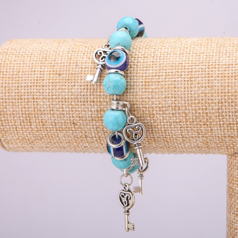 Turquoise Amulet Bracelet with Blue Evil Eyes on Elastic Band, Diameter 10(+-)mm, Length 18cm with Inserts and Charms