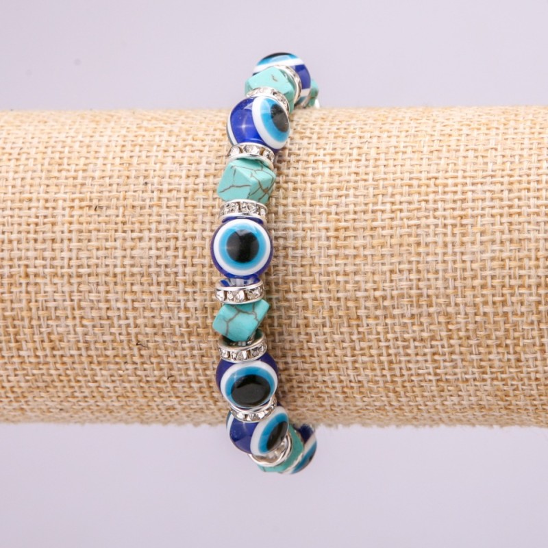 Turquoise Amulet Bracelet with Blue Evil Eyes on Elastic Band, Diameter 10(+-)mm, Length 18cm with Inserts and Rhinestones