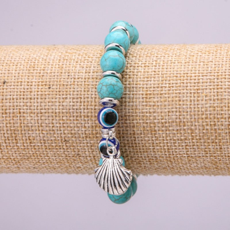 Turquoise Amulet Bracelet with Blue Eye Beads on Elastic, Diameter 10(+-)mm, Length 18cm, with Inserts and Charm