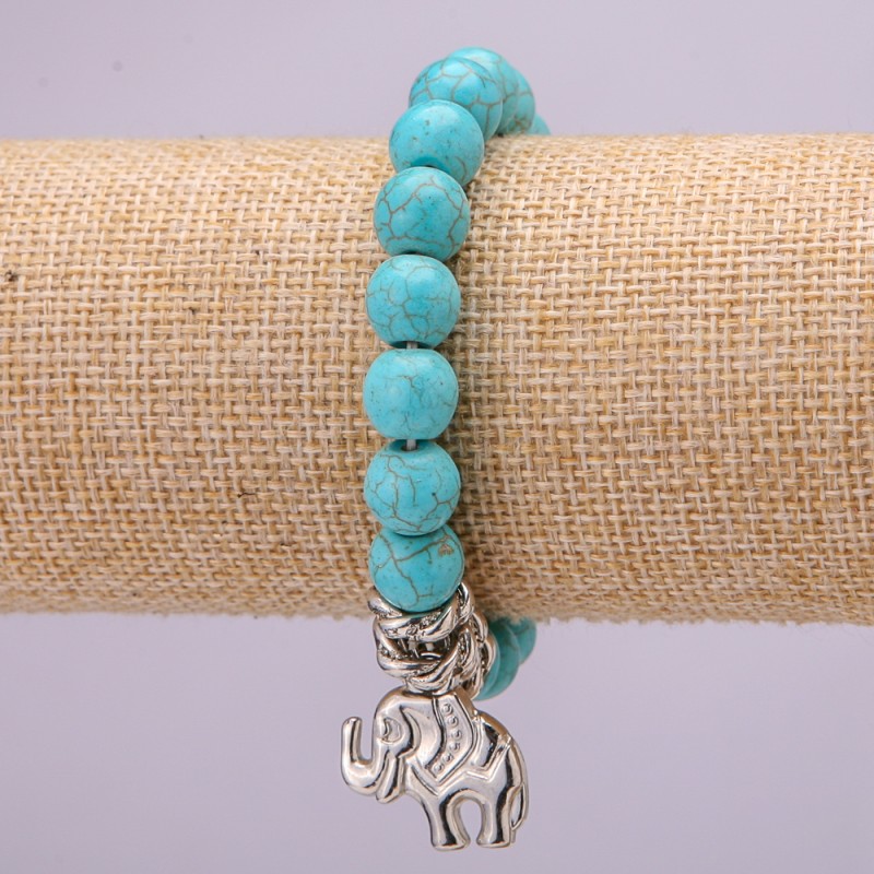 Turquoise Bracelet on Elastic, Diameter 10(+-)mm, Length 18cm, with Inserts and Elephant Charm