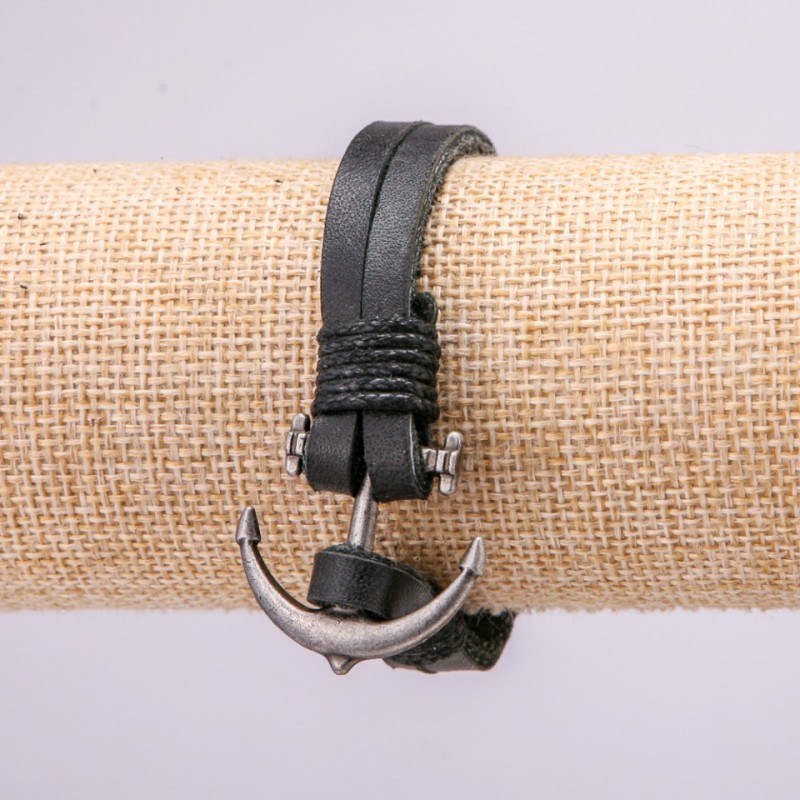 Anchor Bracelet with Metal Inserts, 21cm Length, 10mm Thickness, Black Eco Leather