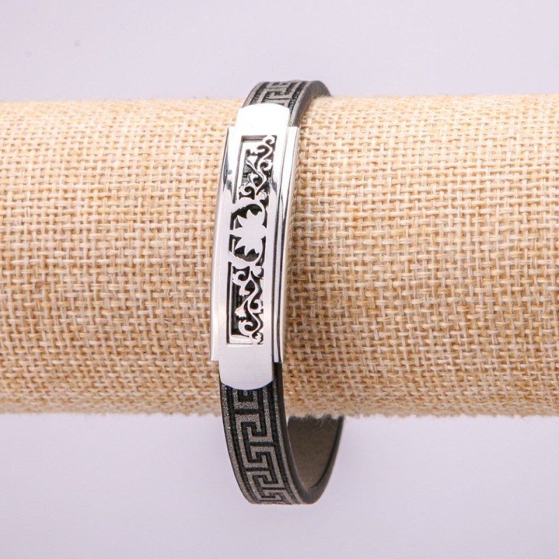 Bracelet with Metal Inserts, 21cm Length, 10mm Thickness, Gray Rubber, Clasp Closure