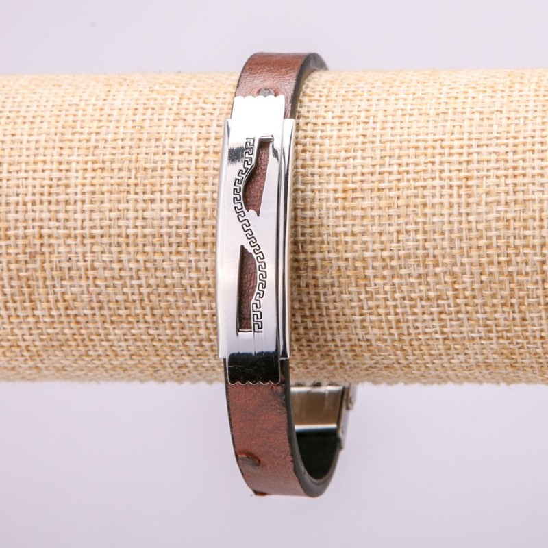 Bracelet with metal insert, 21cm length, 10mm thickness, brown eco-leather, with clasp